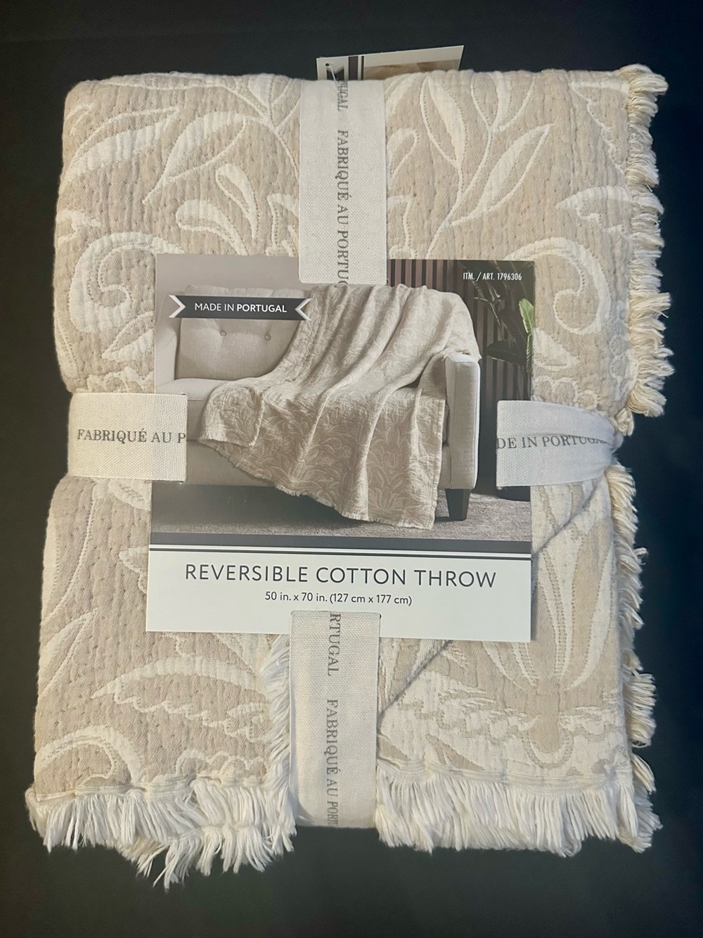 🎁Nemcor Made in Portugal Reversible Cotton Throw Blanket -Tan and Cream- 50”x70”